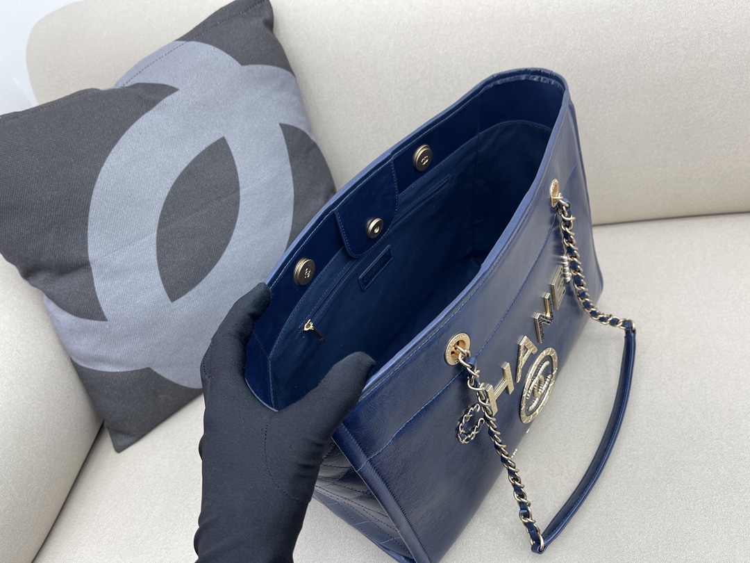 Calfskin Small Shopping Shoulder Bag Tote Bag AS3257 Dark Blue 